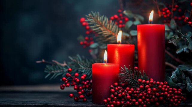 three red candles on wooden table surrounded by red berries and pine, warm bokeh lights creating cozy festive mood, detailed wax texture and soft flame, perfect