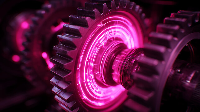 metal gears rotating with bright neon pink energy lights background