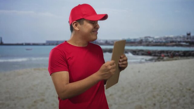 Man holding clipboard checking list smiling on sandy beach near building and shoreline; duty contentment.