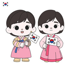 Illustration of two children in traditional Korean hanbok. They are both holding South Korean flags