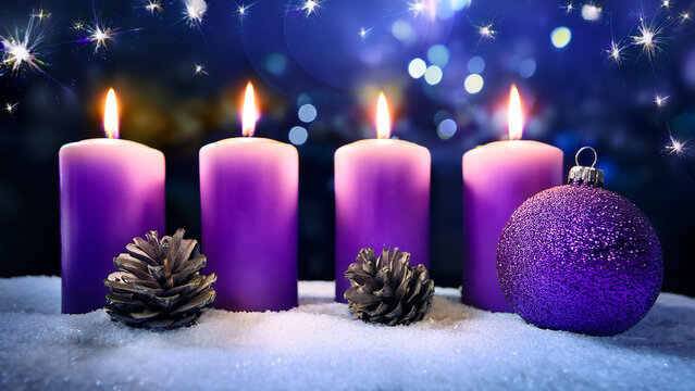 Advent - Four Purple Candles With Christmas Ornament In Shiny Night
