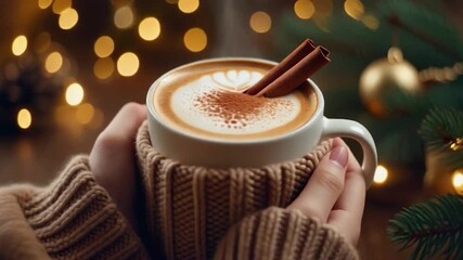 A cozy winter latte topped with latte art and cinnamon sticks, held in warm knitted sleeves against festive holiday lights. - Powered by Adobe