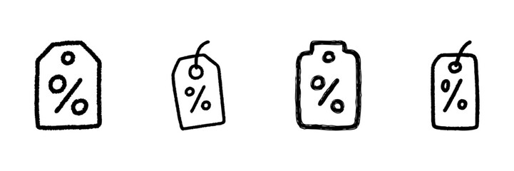 Discount Tag Line Icon Set In Doodle Style. Sale, Promotion, And Price Reduction Outline Sketch Collection. Retail And E-Commerce Marketing Symbols. Hand Drawn Isolated Vector Illustration