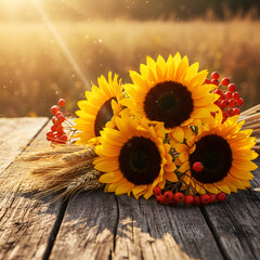 Obraz premium Sunflowers wheat and berries on a rustic wooden table