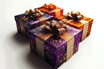 Four square gift boxes wrapped in vibrant purple and orange paper, featuring gold glitter accents and metallic bows, on a white surface.
