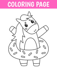 Animal coloring page, cute print with line horse. Printable worksheet with solution for school and preschool. Vector cartoon illustration.