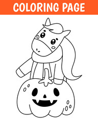 Halloween coloring page, cute print with line horse. Printable worksheet with solution for school and preschool. Vector cartoon illustration.