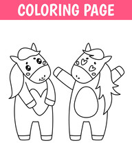 Valentines day coloring page, cute print with line horse. Printable worksheet with solution for school and preschool. Vector cartoon illustration.