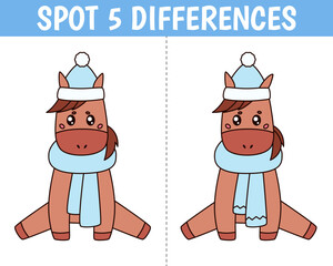 Winter cute horse. Find 5 differences. Educational matching animal game for children. Printable worksheet with solution for school and preschool. Vector cartoon illustration.