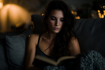 Young Woman Reading Book in Cozy Evening Atmosphere