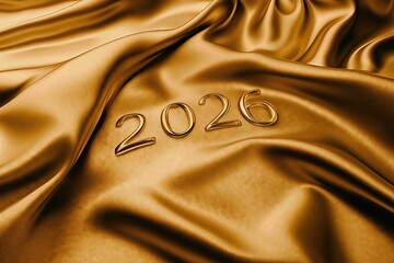 The number 2026 formed on a smooth golden fabric surface with soft folds and shimmering texture.