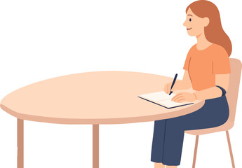 A woman sits at a round table, calmly writing in a notebook while appearing focused and relaxed.