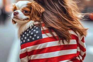 Small dog resting on a person’s shoulder, with the person wearing a jacket patterned like the United States flag.