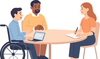 A friendly and diverse group of three colleagues—one using a wheelchair, one bearded man, and one woman taking notes—sit together at a round table engaged in a collaborative meeting