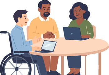 An inclusive team of three colleagues, including a wheelchair user, collaborates around a round table with laptops during a friendly and productive meeting.