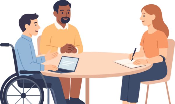 A friendly and diverse group of three colleagues—one using a wheelchair, one bearded man, and one woman taking notes—sit together at a round table engaged in a collaborative meeting