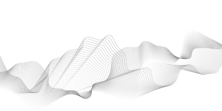 Abstract gray wave dynamic curve lines on transparent background with flowing particles. Digital energy waves technology concept. Modern backdrop design for business, presentation, banner.