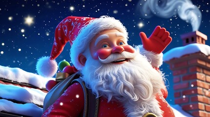 Jolly Santa Claus standing on a snow-covered rooftop next to a brick chimney at night