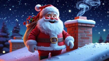 Jolly Santa Claus standing on a snow-covered rooftop next to a brick chimney at night