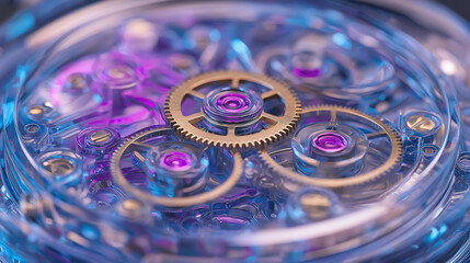 macro view of purple and blue light crystal gears