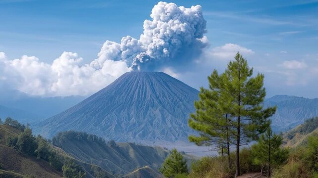 A majestic stratovolcano powerfully erupts, releasing a colossal ash plume that billows dramatically into the vibrant blue sky. The immense gray smoke cloud contrasts against the clear atmosphere, hig
