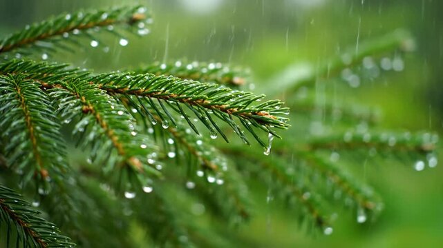 Raindrops on pine needles; fresh green coniferous branch closeup.