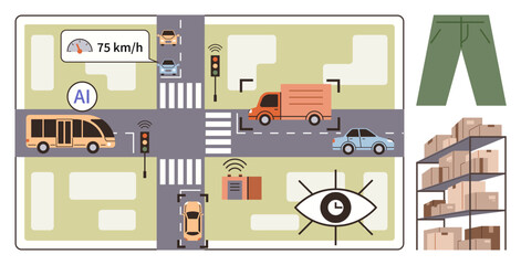 AI-powered traffic light system, autonomous vehicles at an intersection, warehouse shelving with boxes. Ideal for technology, automation, AI, logistics, transportation, traffic safety urban