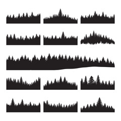 Silhouette of pine trees, evergreen forest landscape, nature scene at dusk, black and white tree line © Designer Farsi