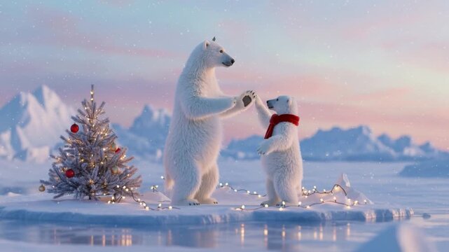 A mother polar bear and her cub joyfully dance together on icy terrain beside a small decorated Christmas tree at sunset.