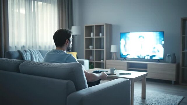 Rear view of a relaxed young adult man sitting on a sofa, holding a remote control and watching a television screen displaying static or a test pattern, indicating boredom, signal issues