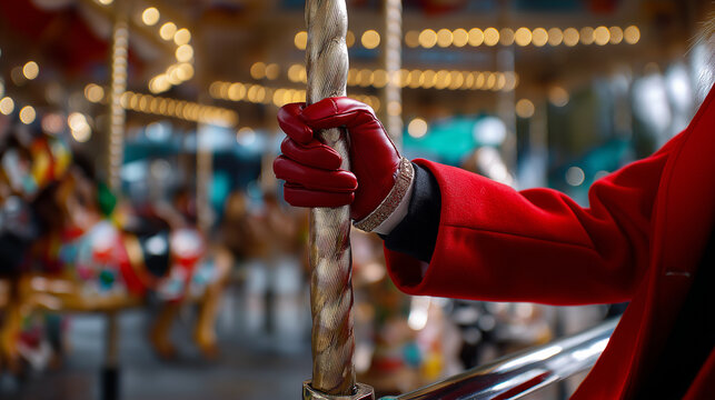 Close-up faceless shot of a holiday figure’s red coat and gloved hands holding the carousel pole, children and festive décor intentionally defocused to emphasize motion and warmth,