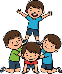 Four happy children playing together forming human pyramid with joyful faces in casual clothes vector illustration