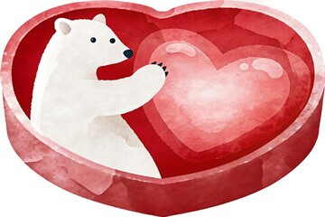 Cute polar bear holding a heart-shaped ice on a red background