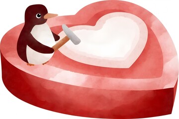 Cute penguin carving a heart-shaped ice on a red background for Valentine's Day