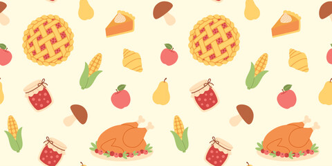 Seamless Thanksgiving pattern with turkey, pie, jam, corn, fruits, mushrooms, fall treats in a warm, festive color palette. For card, background, crafts, print, wallpaper, packaging, banner design.