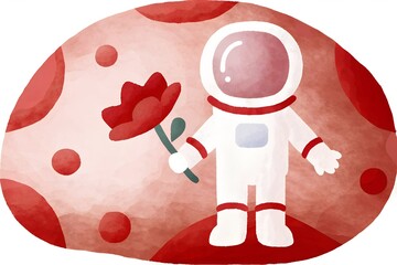 Astronaut holding a flower on a red abstract background