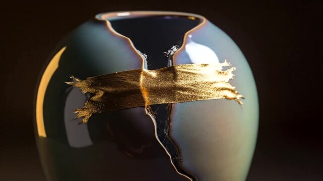 The Japanese Art of Kintsugi Golden Repair on a Broken Iridescent Vase.