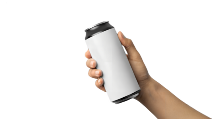 Hand holding a blank white aluminum can mockup perfect for showcasing beverage branding isolated on white background