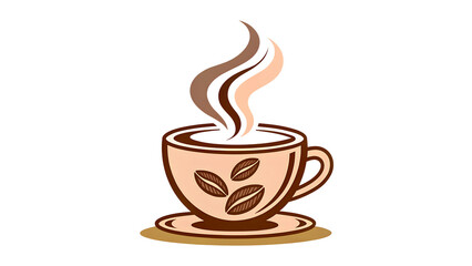 Coffee cup vector illustration with steam and coffee beans isolated on white background