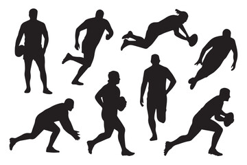 rugby player silhouette action poses set eight rugby ball vector silhouettes
