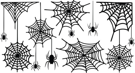 Spider web designs featuring various spider positions suitable for Halloween decorations and spooky themes 