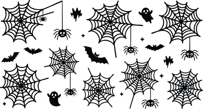 Halloween-themed vector collection featuring spooky spiders, webs, bats, and ghosts for festive decorations 