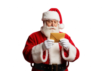 Santa claus in red suit reading a golden envelope or letter with both hands isolated on transparent background