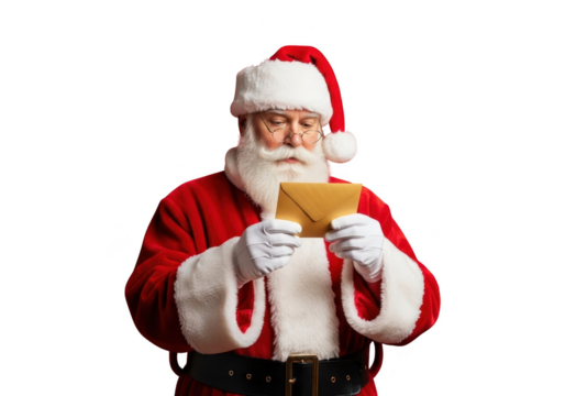 Santa claus in red suit reading a golden envelope or letter with both hands isolated on transparent background
