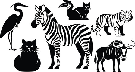 Obraz premium Diverse collection of animal silhouettes including zebra, tiger, and cat in stylish black and white design 