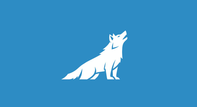 White howling wolf silhouette against a solid blue background