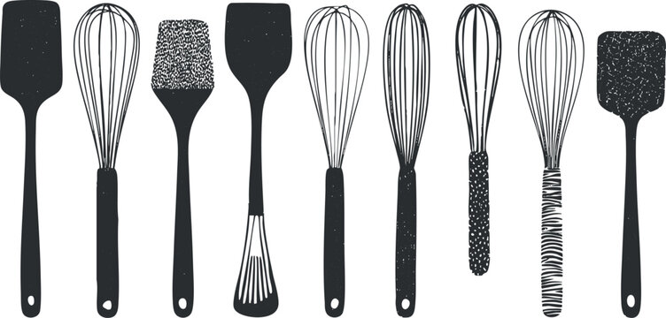 Stylish collection of black and white vector illustrations featuring various kitchen utensils like whisks and spatulas for culinary design projects