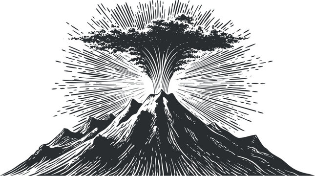 Detailed black and white vector illustration of a volcanic eruption with dramatic ash clouds and dynamic lines for creative projects