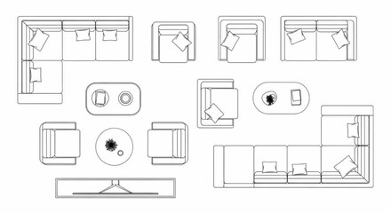 Top view living room furniture set. 2D vector plan symbols: L-shaped sofa, armchair, coffee table, and TV stand.