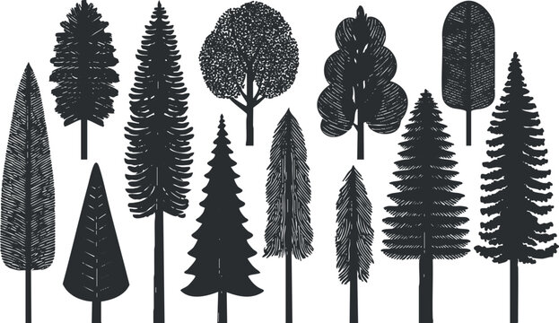 Collection of black silhouette vector illustrations featuring various tree types for nature-themed designs and environmental projects